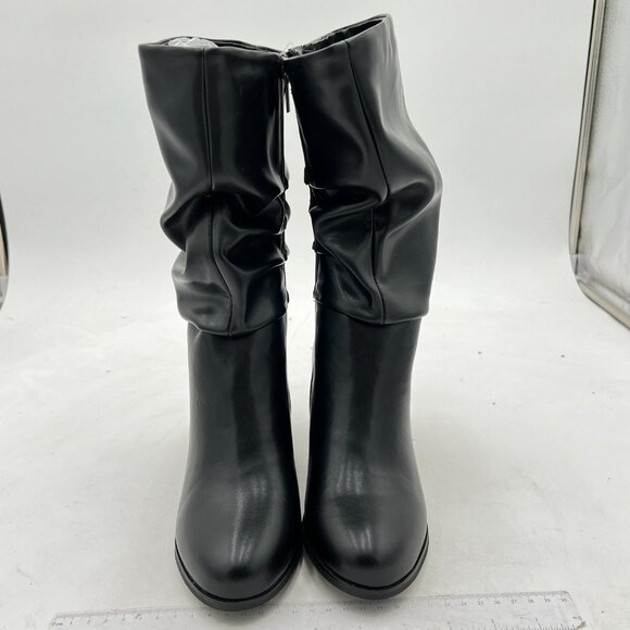 Shoes - Black Women Pull On Slouch Boots Mid Calf Pointed Toe Chunky Heel Side Zip